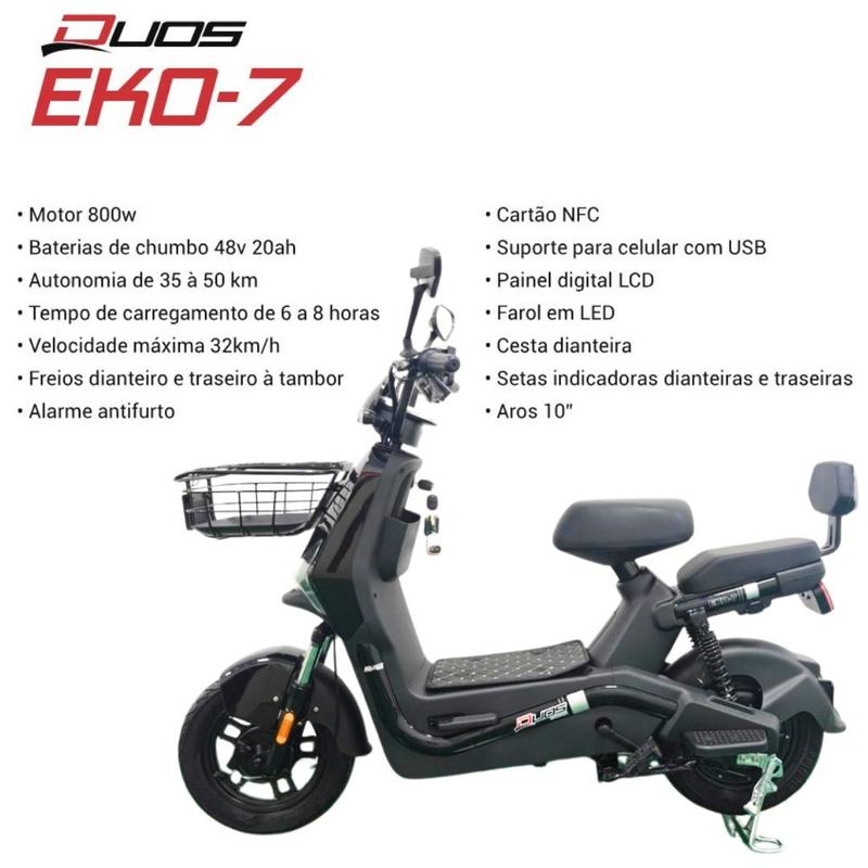 Bicicleta Scooter Elétrica 800W Eko-7 Alarme Entrada USB Duos
